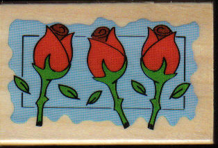 Three Red Roses in Blue W/M rubber stamp Background